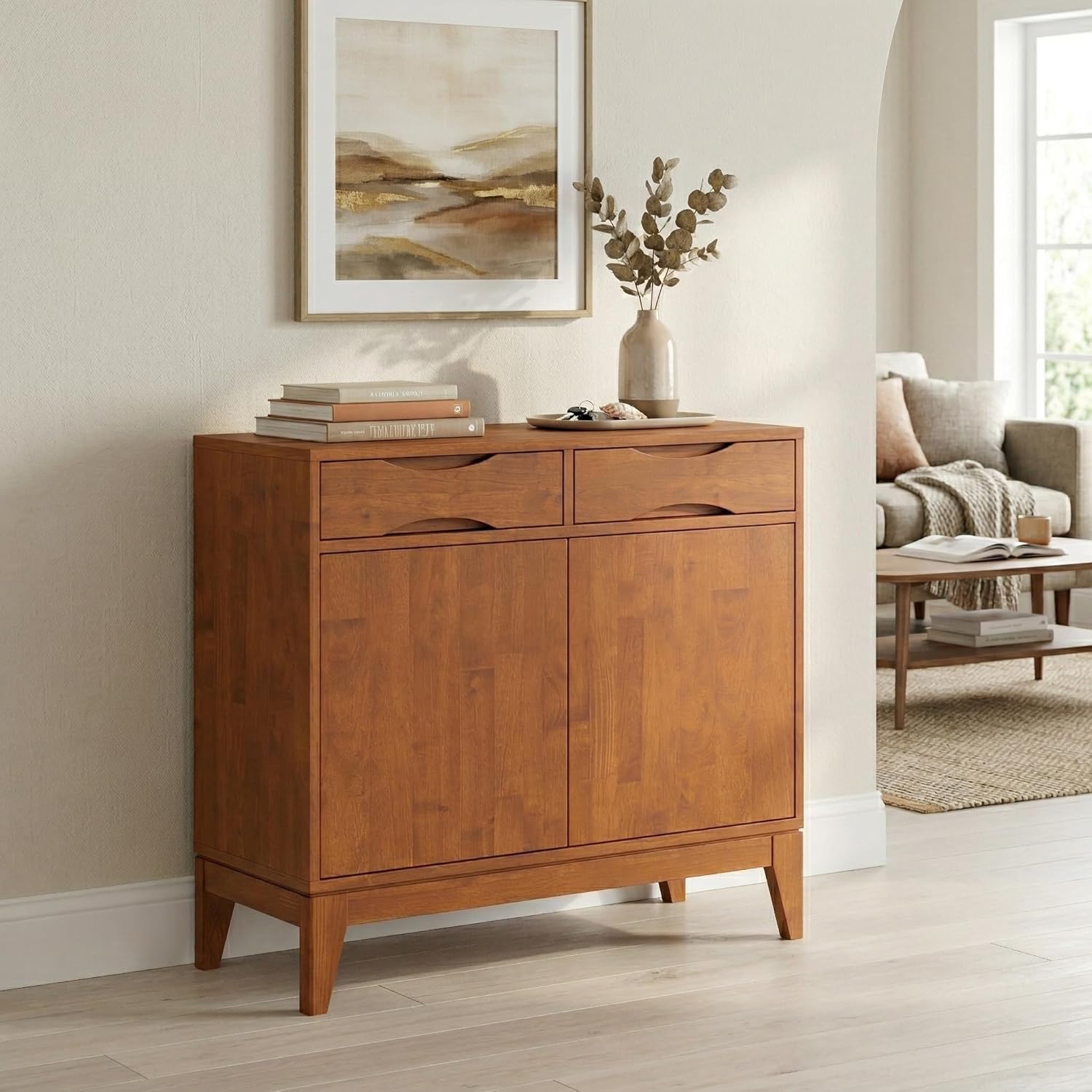 SIMPLIHOME Harper Storage Cabinet - 40 inch Wide Solid Wood Entryway Cabinet in Teak Brown, Mid-Century Modern Accent Storage for Living Room or Hallway with 2 Drawers and Adjustable Shelves