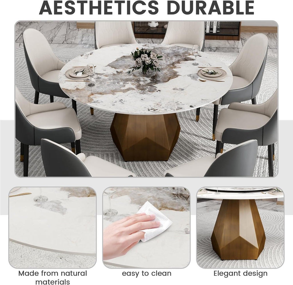 59.05" Round Marble Dining Table with Metal Base, Artificial Marble for 6-8 People, Dining Room/Living Room Kitchen Dining Table