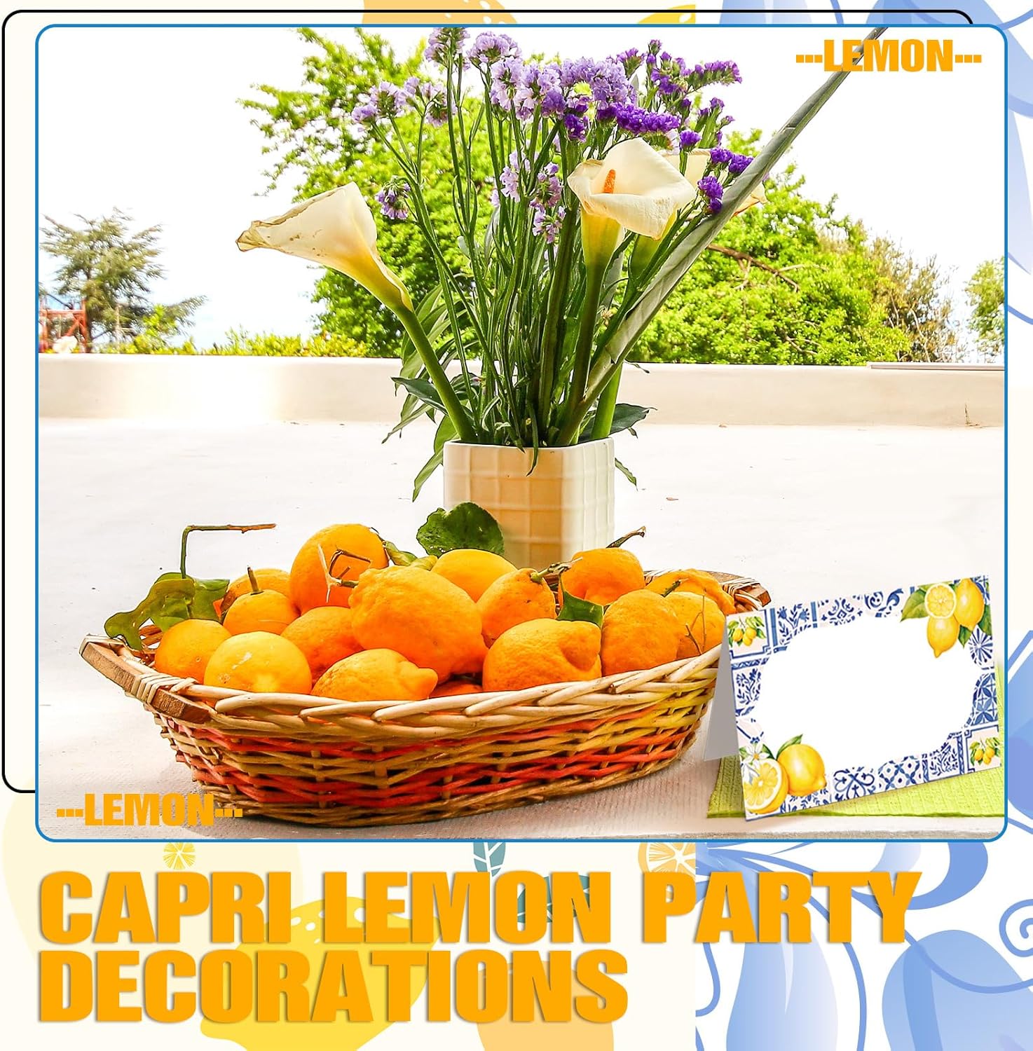 Jetec 48 Pcs Capri Lemon Place Cards Yellow and Blue Tile Table Name Cards Tent Placard Buffet Food Label for Table Setting Birthday Bridal Shower Italy Yellow Lemon and Amalfi Coast Party Decoration