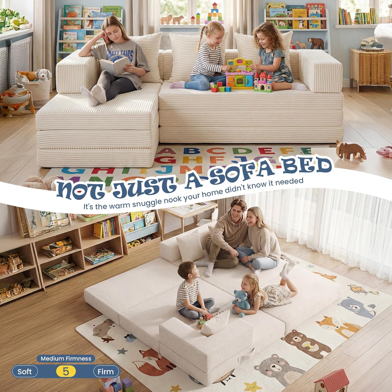 Modular Kids Play Couch, Convertible Toddler Sectional Sofa, Soft Cloud Corduroy Kids Sofa Bed with 3 Pillows, Safe No Edge Foam Play Furniture for Boys Girls Playroom Bedroom