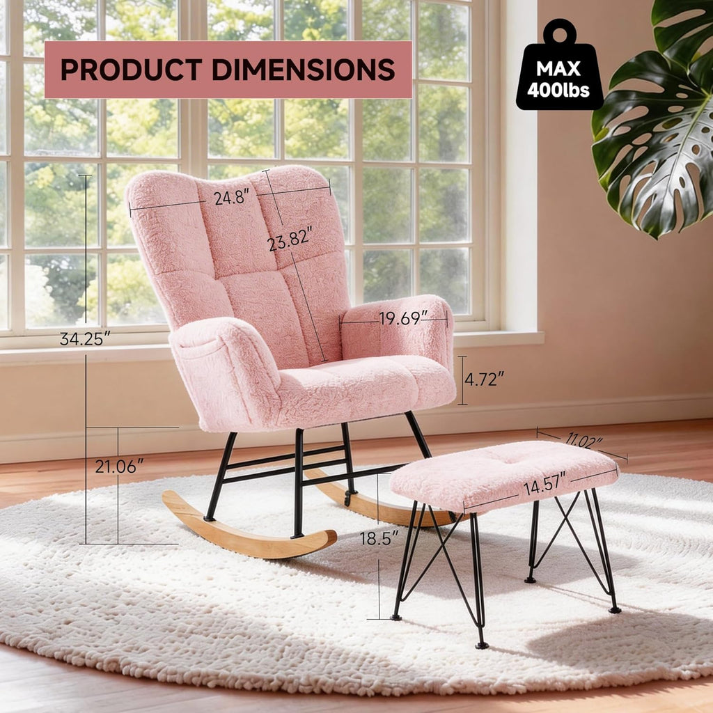 KEEZY Nursery Rocking Chair with Footrest Upholstered Glider Rocker Padded Seat with High Backrest Armchair Comfy Side Chair for Living Room Bedroom Pink Sherpa