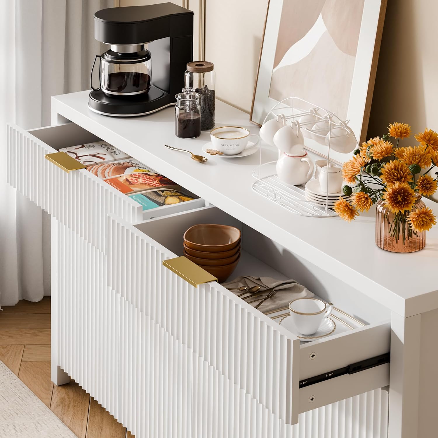 Lulive Fluted Storage Cabinet with Drawers Buffet Sideboard Cabinet with Adjustable Shelves for Kitchen Living Room, Kitchen, Entryway (White, 13.8" D x 55.09" W x 32.8" H)