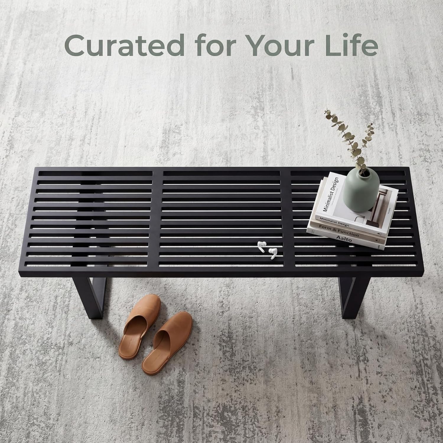 HNY Modern Entryway Bench Black Wood Minimalist Nelson Bench with Metal Legs for Bedroom Dining Room Hallway Foyer Living Room
