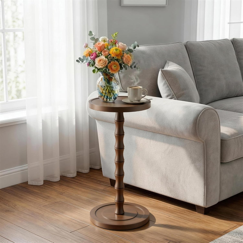 Small Round Side Table, Rubber Wood‌ End Table for Small Spaces, Modern Accent Tables, Solid Wood Drink Tables for Living Room, Bathroom, Bedroom, Couch (Dark Walnut, 11.8 inch)