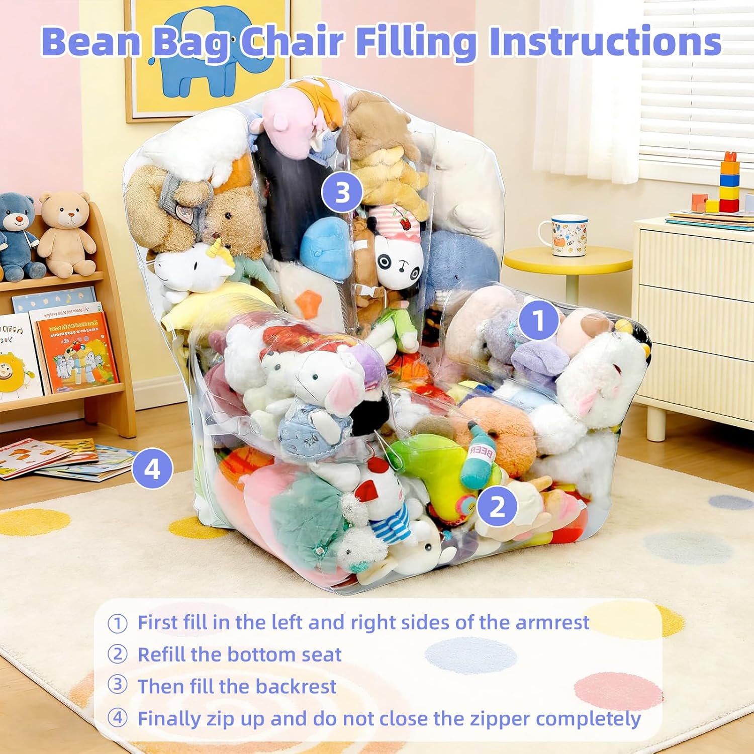 Clear Stuffed Animal Bean Bag Chair Cover for Kids, Waterproof Large Stuffable Beanbag Chair Cover, Creative PVC Plush Toys Storage, for Children Rooms Soft Stuff Animal(Large Square)
