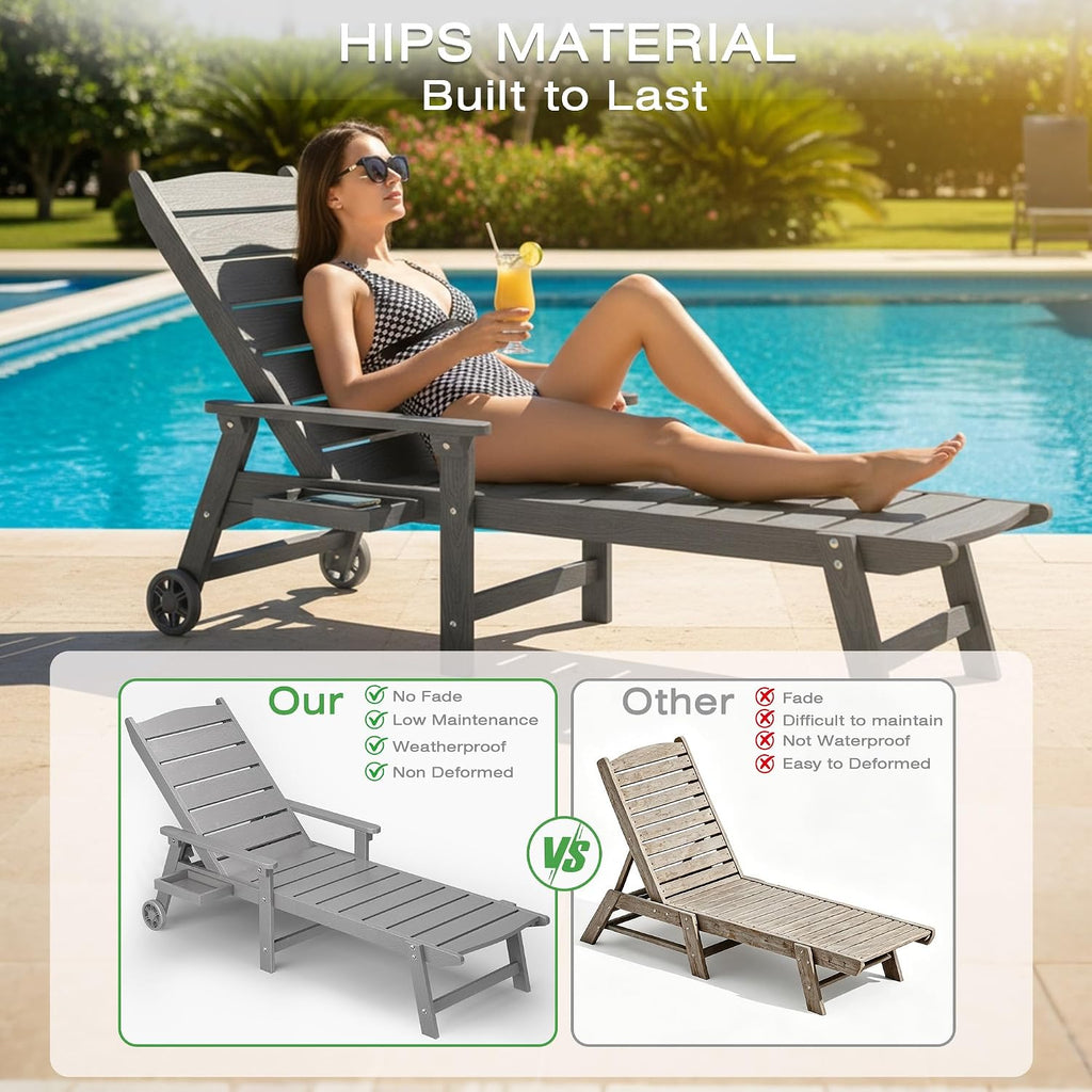 Outdoor Lounge Chairs Set of 2, 6.3ft Outside Chaise Pool Lounger with Wheels,5-Position Adjustable Backrest, 2 Flip-Down Side Cup Holders,HIPS All-Weather for Poolside,Patio,Backyard