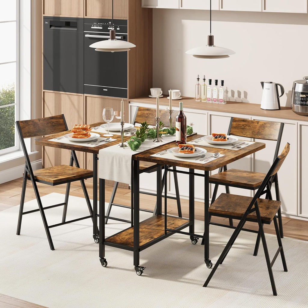 Garvee Dining Table Set for 4,Foldable Dining Table with 4 Foldable Chairs, Rectangle Space Saver Table and Chairs Set with Swivel Wheels, for Small Space,Apartment,Kitchen,Dining Room, Rustic Brown