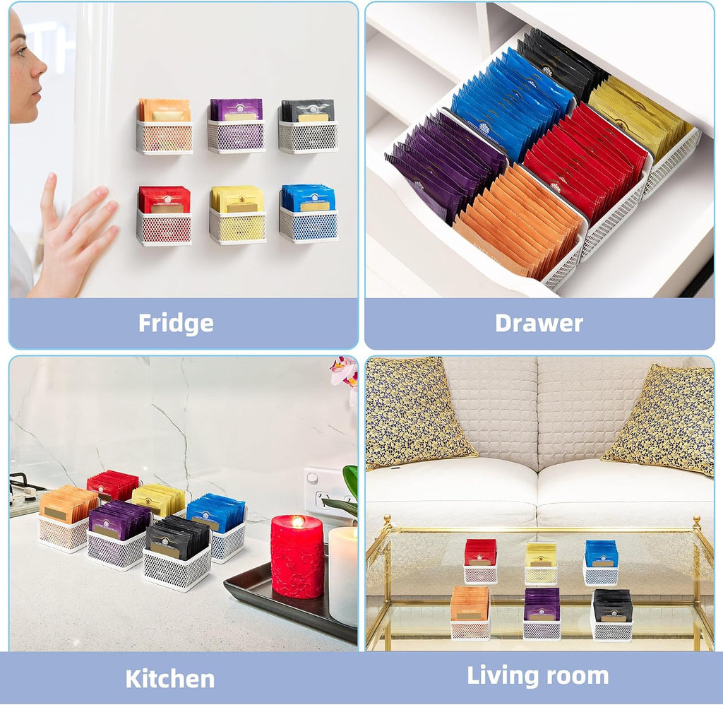 Magnetic Tea Bag Organizer, 6-Piece Metal Tea Organizers and Storage for Refrigerator, Counter, Idea Tea Gift for Tea Lovers (White)