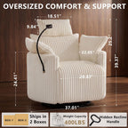 Manual Nursery Glider Recliner with 4" Height and 55° Angle Adjustable Headrest, 360° Silent Swivel Rocking Chair, Phone Holder and 2 Pillows, 400 LBS, Corduroy, White