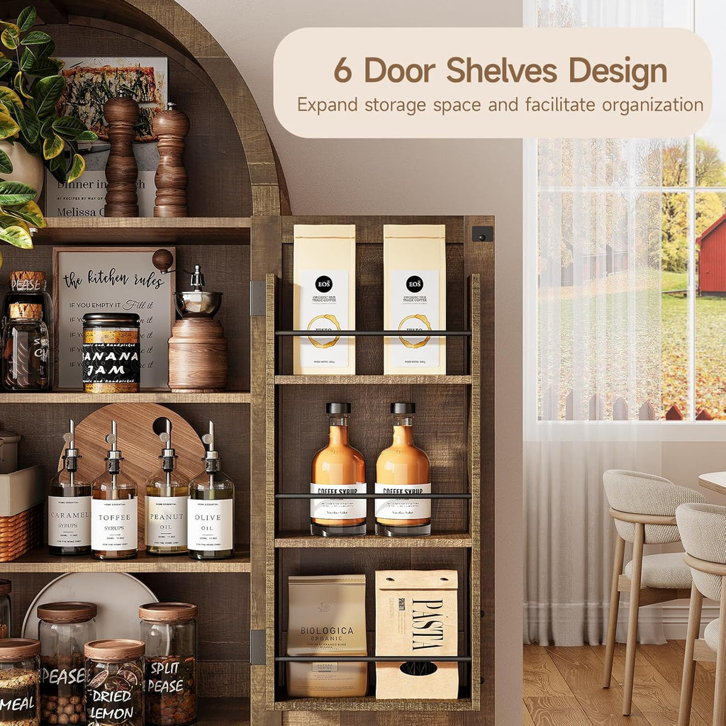 ONBRILL 71" Tall Arched Kitchen Pantry, Storage Cabinet Pantry with 2 Pull-Out Shelves, 6 Door Shelves, Organizer, Freestanding Morden Versatile Cupboard for Kitchen, Dining Room (Rustic Brown)