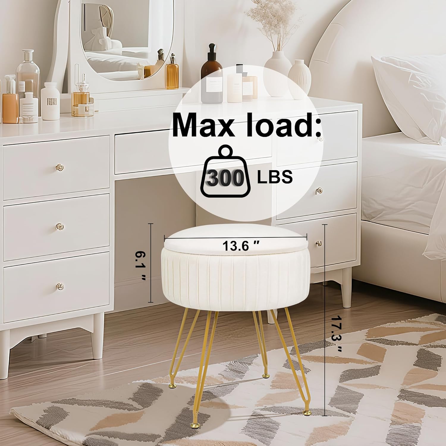 Round Vanity Stool with Storage Ottoman,Vanity Chair for Makeup Room with Removable Cover, Small Footrest Ottoman for Home, Living Room, Bedroom (Beige)