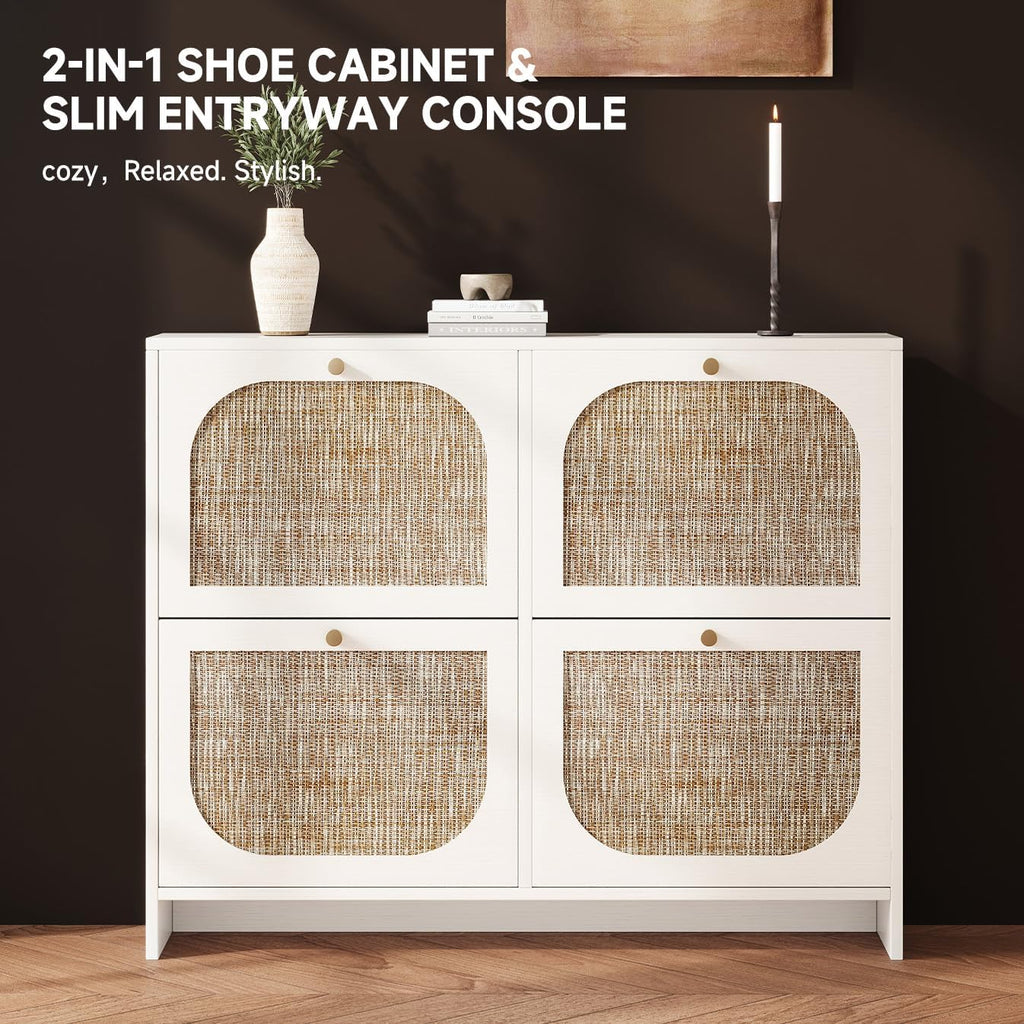 Nicetree Shoe Storage Cabinet for Entryway, Rattan Vintage Flip Shoe Rack- 4 Flip Drawers & 3-Tier Adjustable Shelves,Boho Shoe Organizer for 28-36 Pairs - Fits Size 12 Boots, 9.5" Ultra Slim (White)