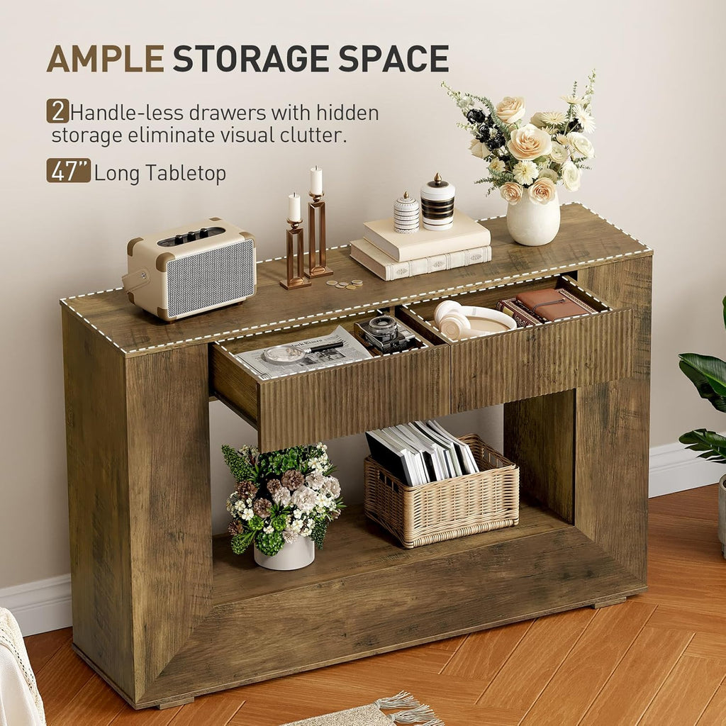 RALGEND Farmhouse Console Table 2 Handle-Less Drawers, 47 Inches Wooden Entryway Table with Storage, Industrial Fluted Sofa Table, Accent Table for Living Room, Entrance, Foyer, Hallway, Dark Brown