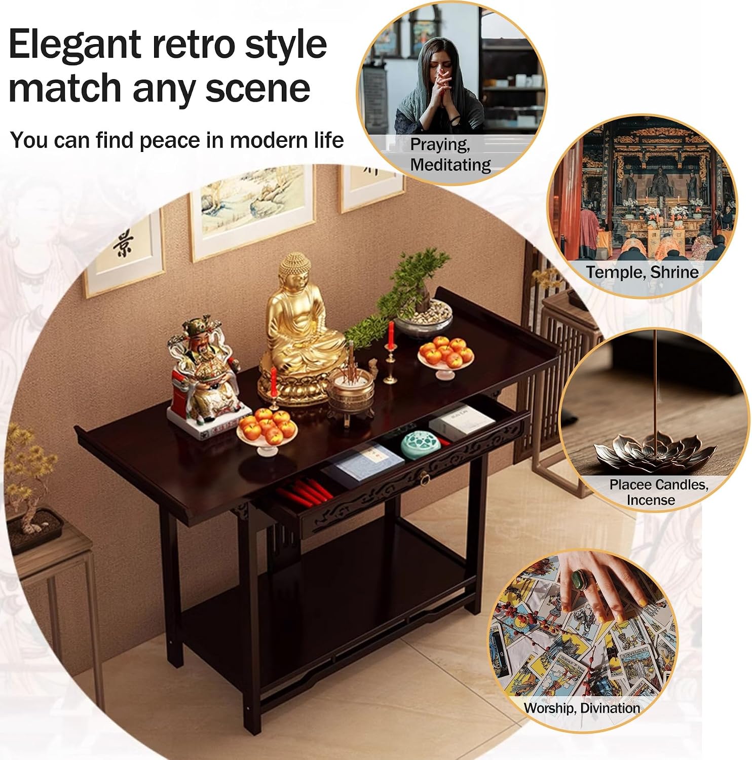 Altar Table,Meditation Table with Storage,Floor Puja Tables for Spiritual,Alter Cabinet with Drawer,Personal Shrine Altar,Buddhist Shrine Prayer Stand Riser,for Home Decor,Witch Wiccan(25.9x15.7x39.3i