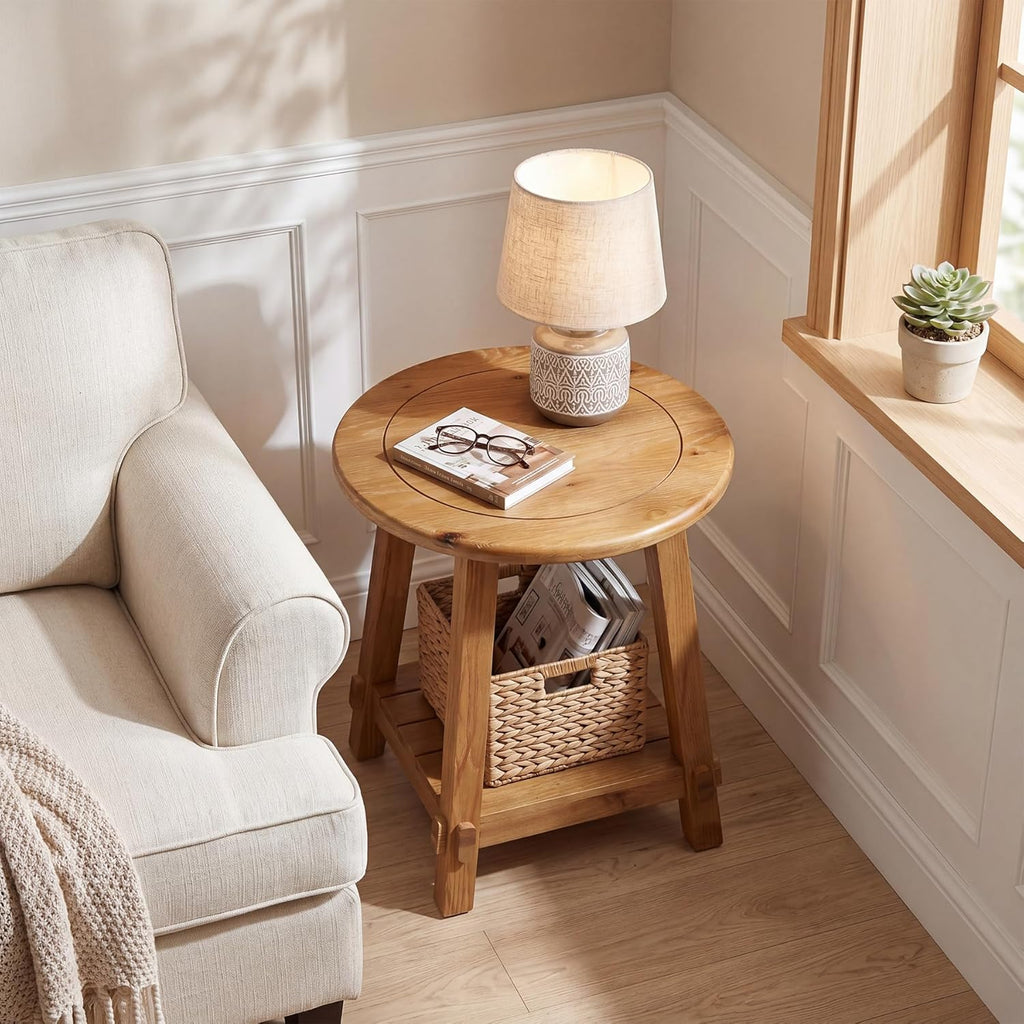 LITTLE TREE End Table for Living Room, 2-Tier Sofa Couch Table with Storage, Farmhouse Small Solid Wood End Table, Sofa Side Table for Living Room, Bedroom and Balcony (23.62" W x 25.98" H)