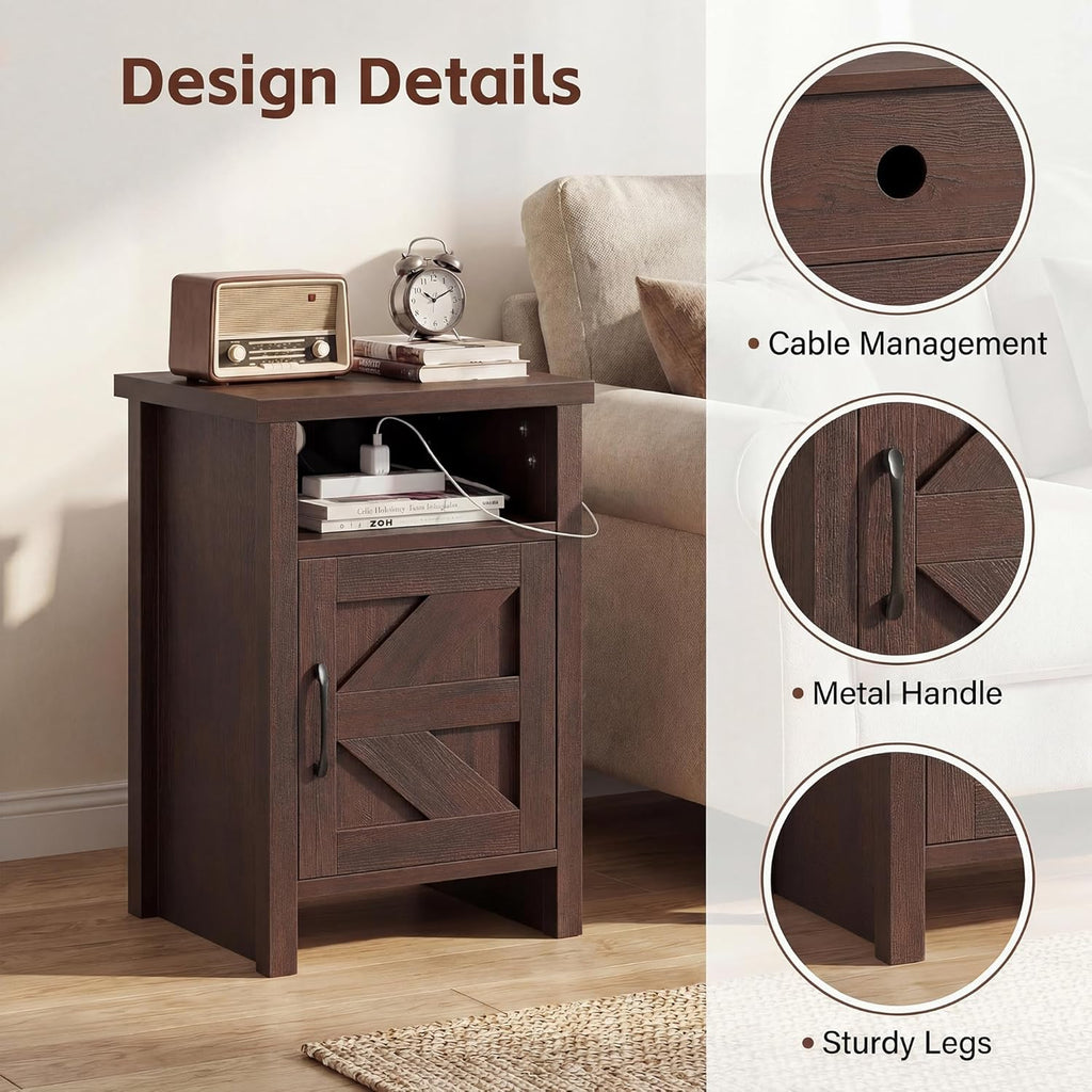 JUMMICO Farmhouse Nightstand, Modern Bedside Table with Barn Door and Shelf, Rustic End Table Side Table for Bedroom, Living Room(2,Brown)