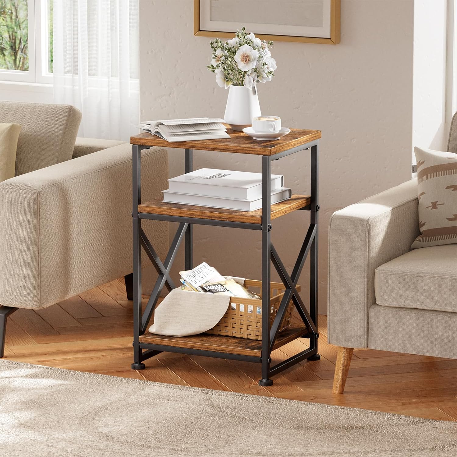 Simple Trending Side Table, End Table with 3 Tiers Open Shelves, Bedside Table for Sofa Couch, Nightstand, Living Room, Bedroom, Rustic Brown