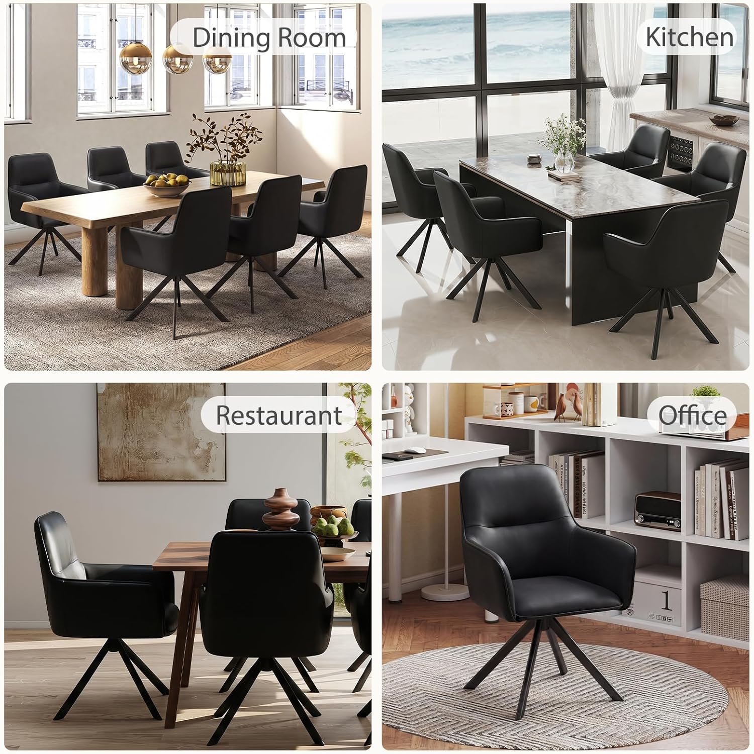 Furniliving Modern Swivel Dining Chairs Set of 2, Upholstered Dining Room Chairs with Thicken Cushion, 360°Swivel Dining Chairs with Metal Legs for Dining Room, Kitchen, Bedroom, PU, Black