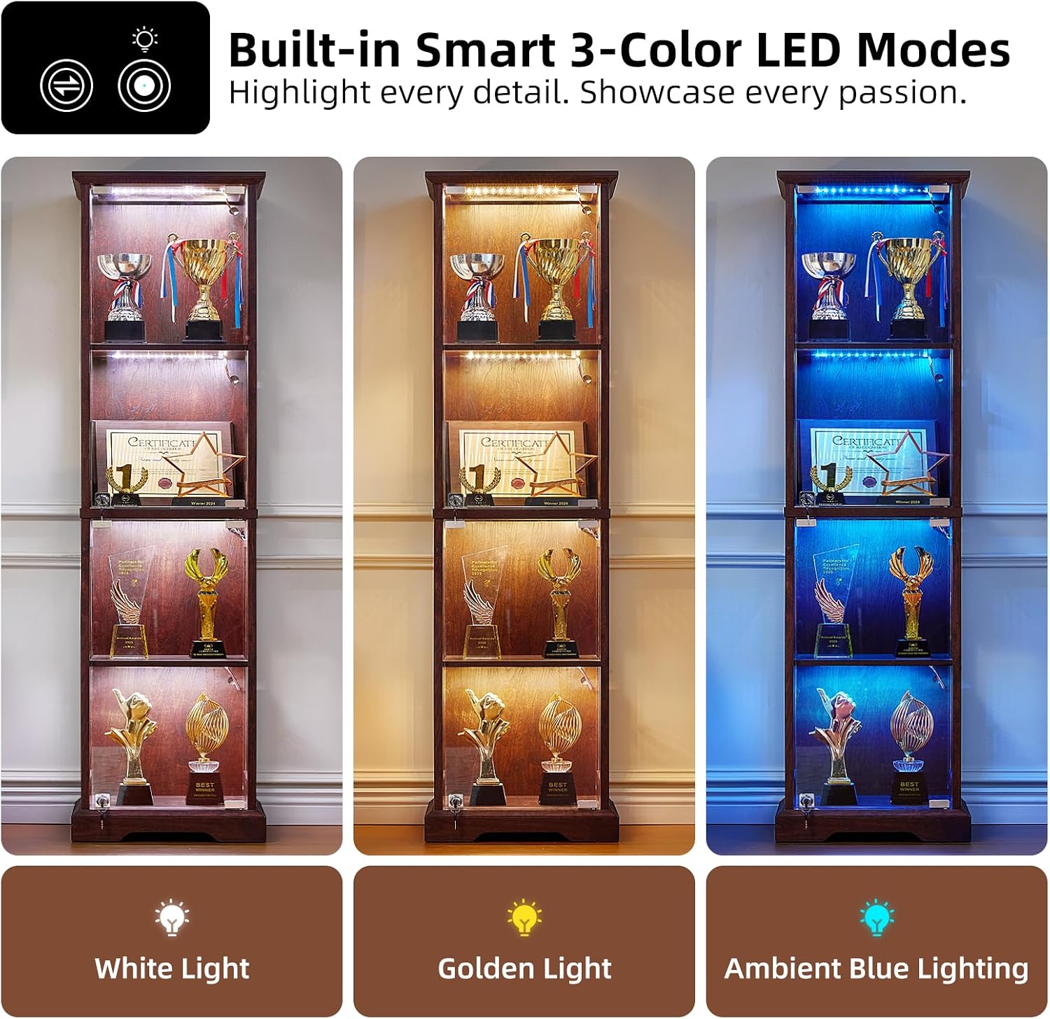 LELELINKY Farmhouse Narrow Glass Display Cabinet with Doors | Wooden Curio Cabinets with 3 Color Motion-Sensor Light & Lock, Walnut