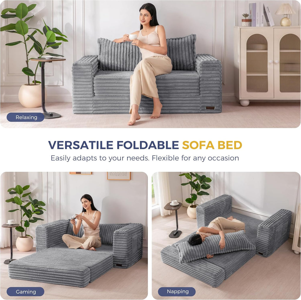 MAXYOYO Convertible Sofa Bed, 2 in 1 Folding Couch Bed for Small Space, Pull Out Loveseat Sofa Couch with Large Back Pillow, Plush Faux Fabric Lounge Couch for Living Room, Apartment, Grey