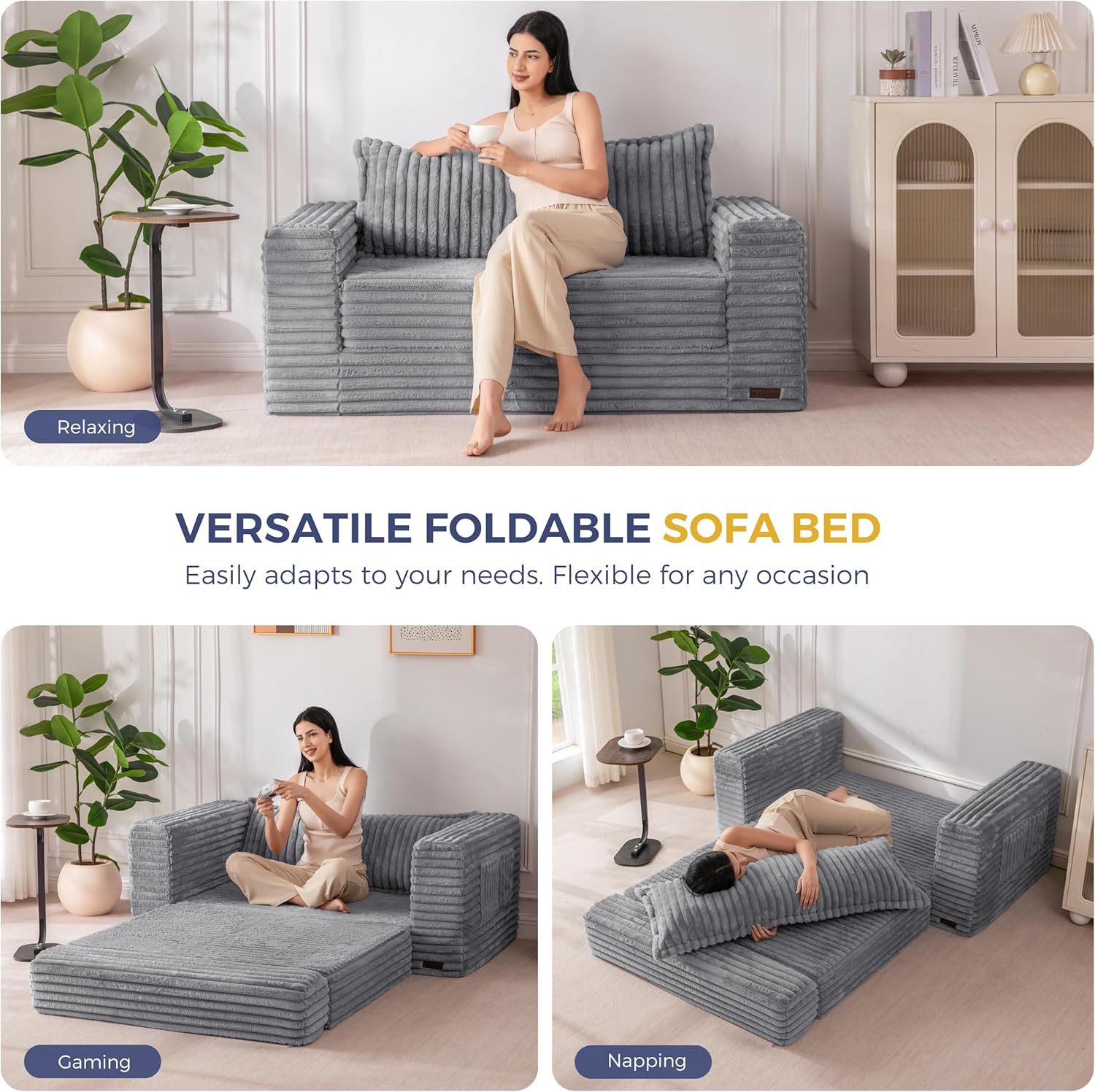 MAXYOYO Convertible Sofa Bed, 2 in 1 Folding Couch Bed for Small Space, Pull Out Loveseat Sofa Couch with Large Back Pillow, Plush Faux Fabric Lounge Couch for Living Room, Apartment, Grey