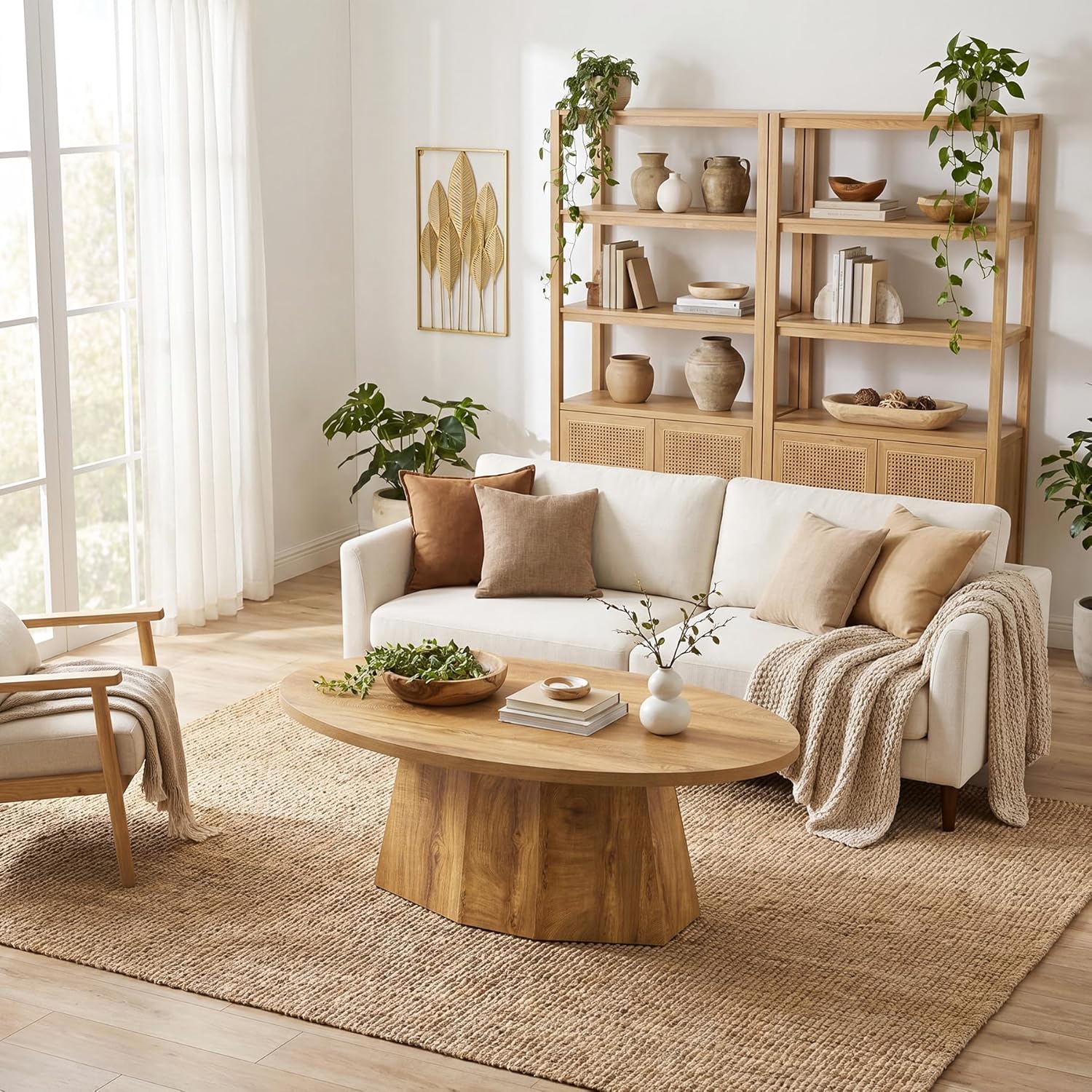 Oval Coffee Table, 47-Inch Living Room Table with Polygonal Pedestal, Modern Center Accent Furniture, Child-Friendly, Easy Assembly, Yellowish Brown