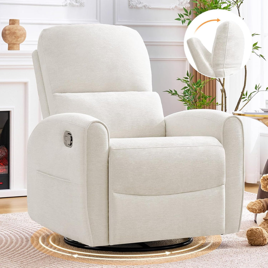 Swivel Rocker Recliner, Manual Swivel Glider Nursery Recliner Chair with Adjustable Headrest and Lumbar Support, Rocking Recling Chairs for Small Space, Living Room, Bedroom, Chenille White