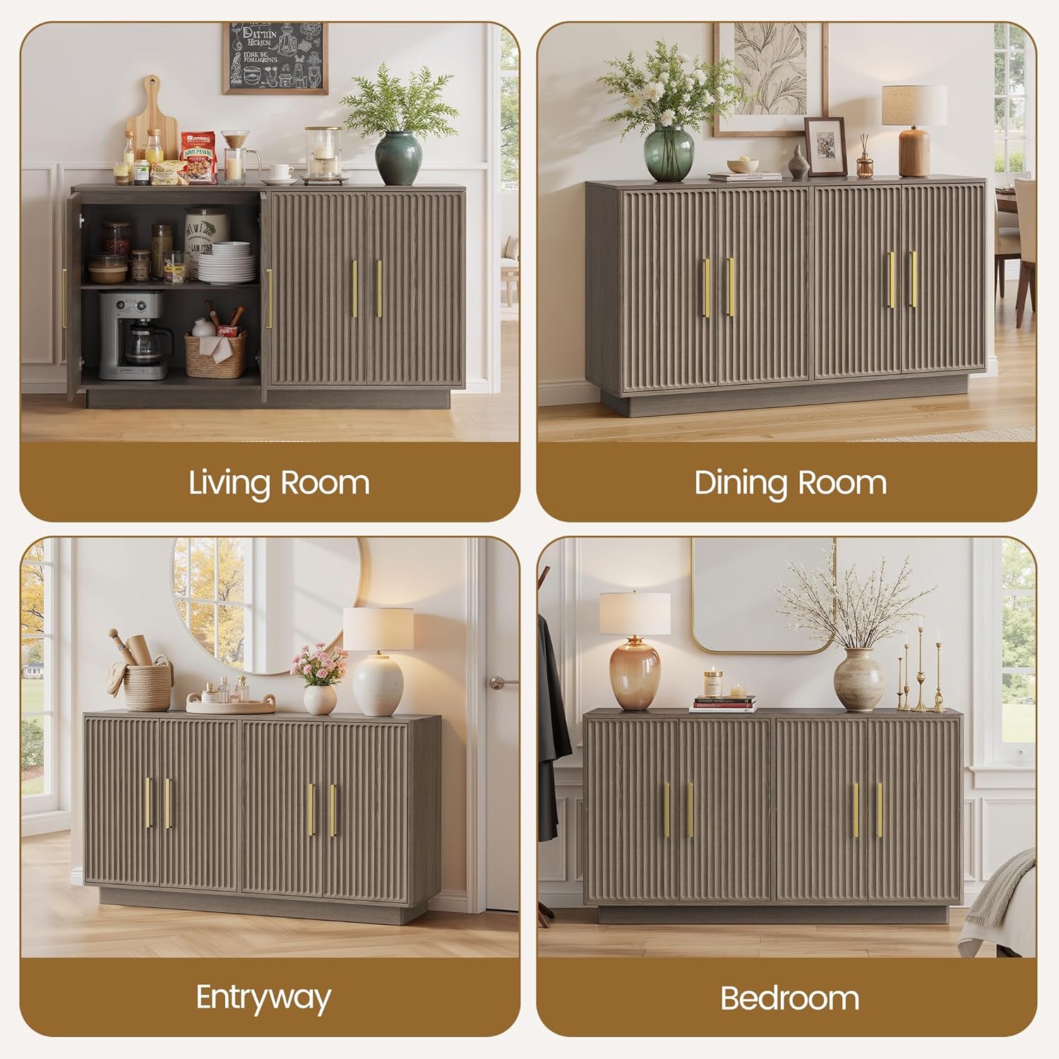 PAPROOS 55" Modern Fluted Sideboard Buffet Cabinet, Space-Saving Storage Credenza for Home Coffee Bar, 4-Door Accent Furniture with Adjustable Shelves for Clutter-Free Living (Brown Gray)