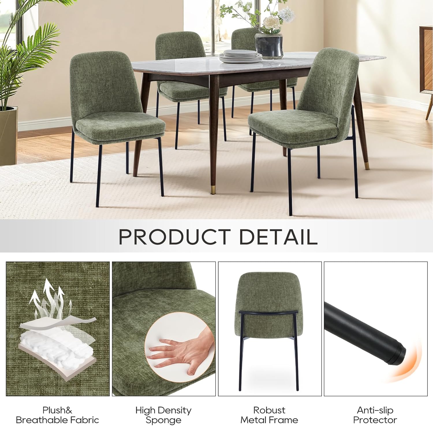 COLAMY Dining Chairs Set of 4, Modern Dining Chairs, Fabric Upholstered Dining Chairs, Kitchen Chairs with Curved Back and Metal Legs for Dining Room Kitchen Restaurant, Green