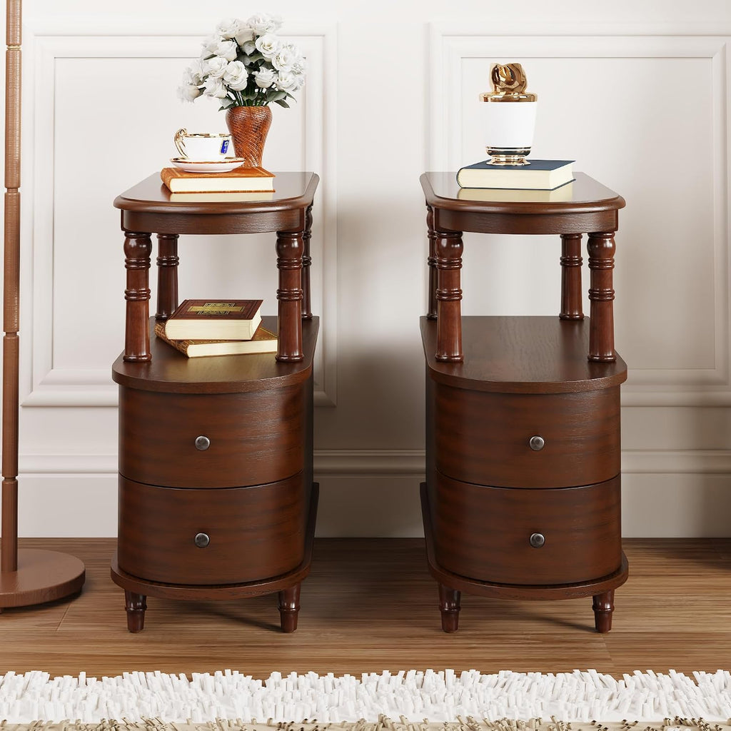 Narrow End Table Set of 2 with 2 Storage Drawers, Vintage Sofa Beside Table, Wood Slim SideTable for Living Room,Saving-space, 23.4“L x 11.4"W x 25.3"H, No-Tools Assembly, Cherry Walnut BG-A508-CY