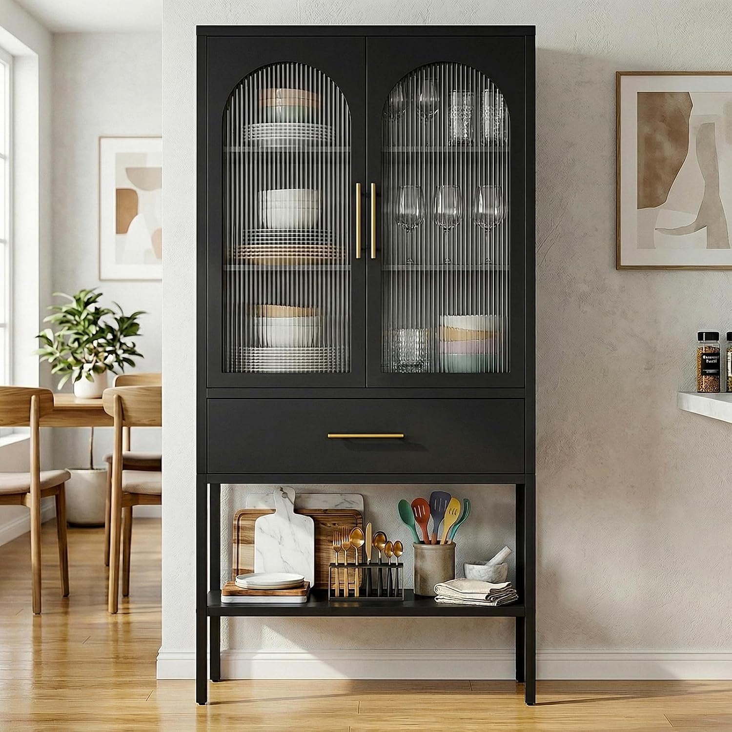 63" Tall Metal Storage Cabinet with Glass Doors, Kitchen Pantry Cabinet with Drawers & Adjustable Shelves, Freestanding Metal Cabinet for Kitchen, Dining Room and Home Organization Black