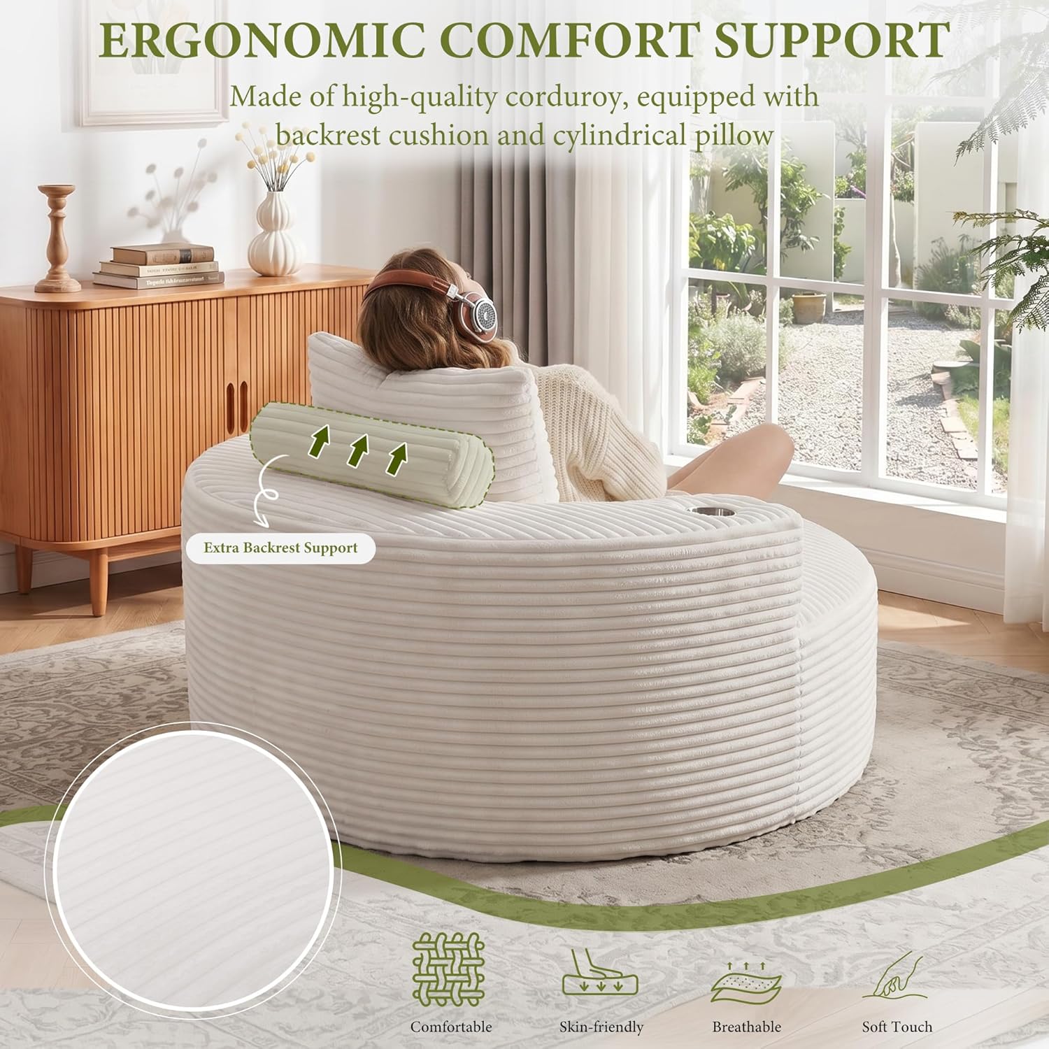 55.5" Oversized Round Chaise Lounge Chair Indoor with Stainless Steel Cup Holders, Modern Upholstered Corduroy Cloud Boneless Chair, Deep Seat Circle Floor Sofa for Living Room, No Assembly