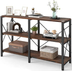 47" 3 Tier Industrial Book Shelf, Free Standing Horizontal Low Metal Rustic Farmhouse Book Case with Wood Shelves for Home Office, Den, or Living Room Rustic Brown and Black