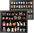 Shot Glass Shooter Display Case Small Wall Curio Cabinet for Salt & Pepper Shaker Display Also Compatible with Funko Pop Figures, Nodder Wobbler Figures - Black Frame