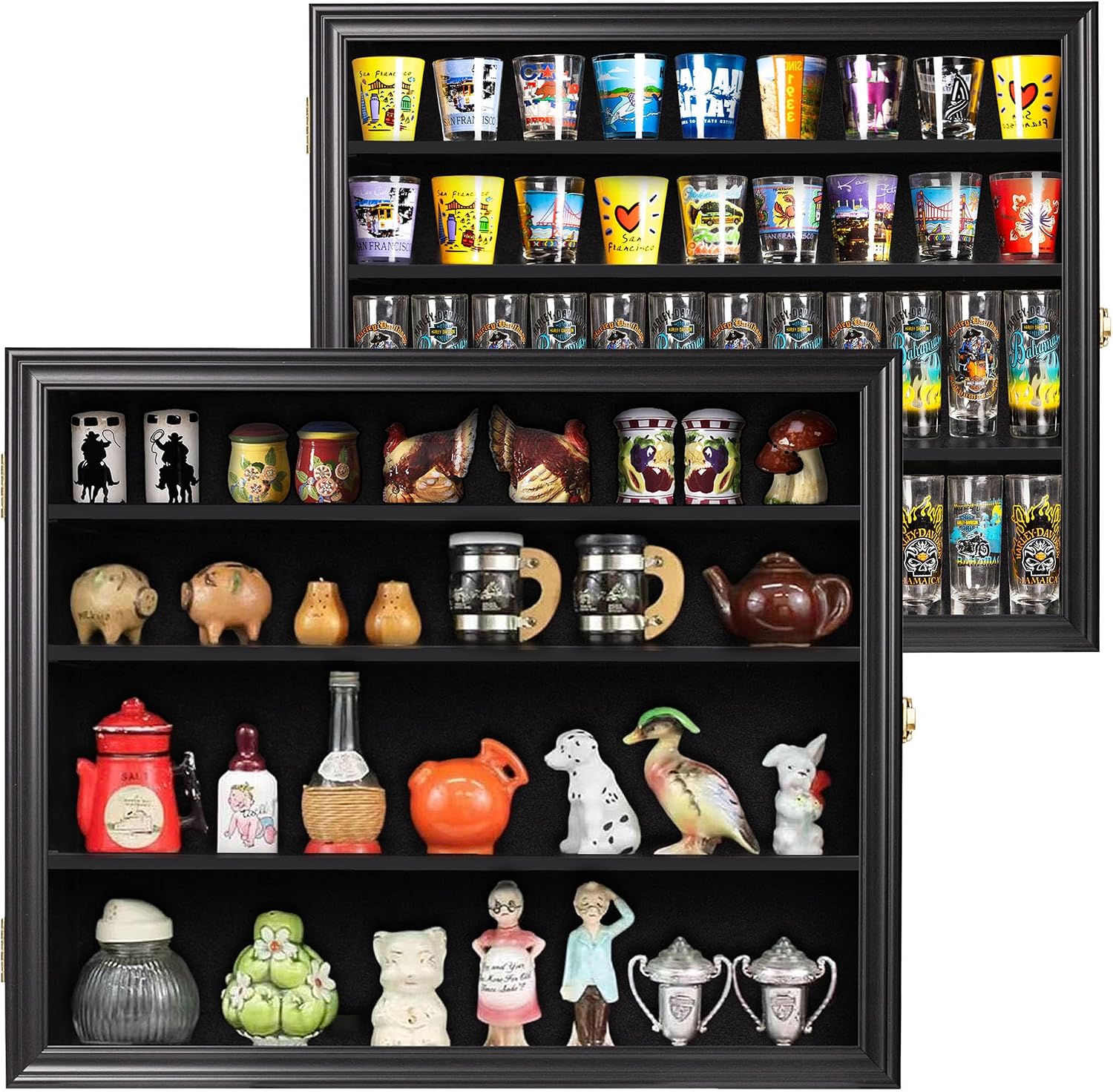 Shot Glass Shooter Display Case Small Wall Curio Cabinet for Salt & Pepper Shaker Display Also Compatible with Funko Pop Figures, Nodder Wobbler Figures - Black Frame