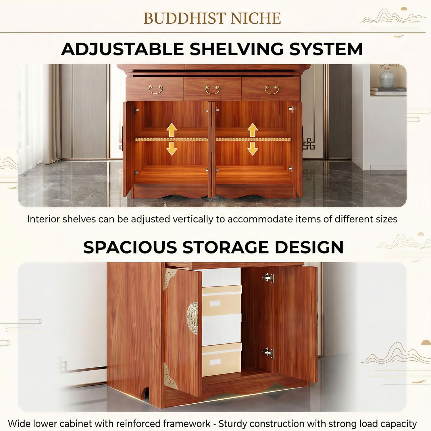 Multi-Tier Personal Shrine Altar Table with Drawer Storage, Large Wooden Buddhist Shrine Cabinet with Pull-Out Shelf, Detachable Meditation Table (Sandalwood, 84.6" L * 26.8" W * 42.5" H in)
