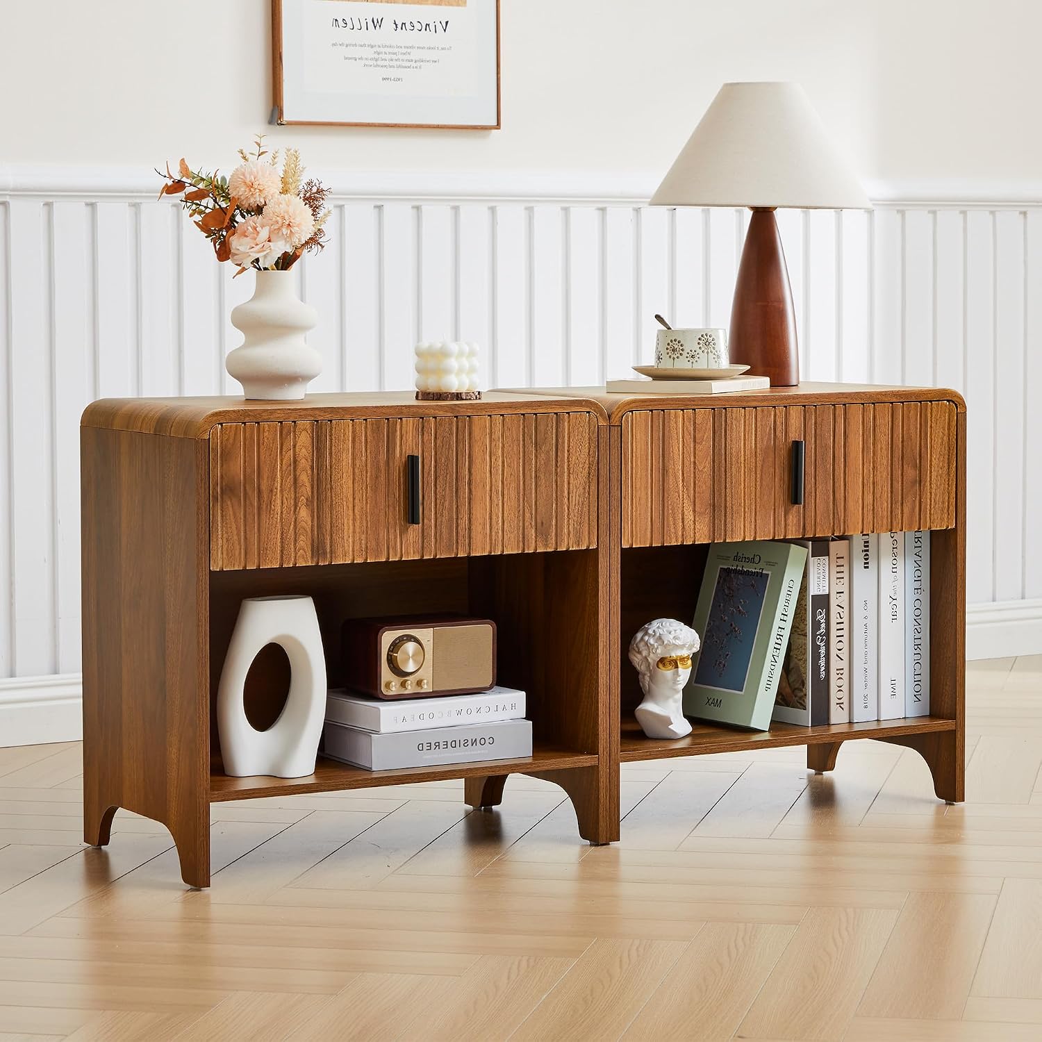 Fluted Night Stand Set of 2, Modern Nightstand Curved Profile, Drawer and Open Shelf - Bedside Table Wood Side Table Set for Bedroom (Walnut-2 nightstands)