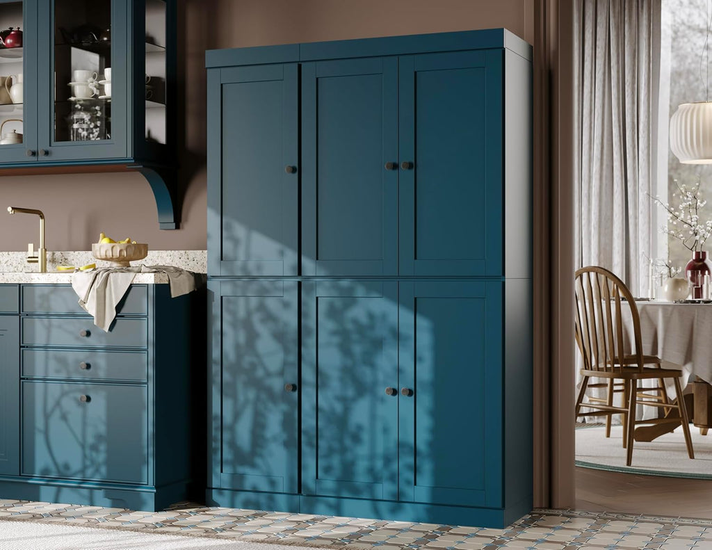 Palace Imports Solid Wood Kitchen Pantry Cabinet - 71.5" H x 48.5" W – Wooden Storage Cabinet w/ 6 Shaker Doors, 2 Drawers & 8 Adjustable Shelves – Teal Blue, 100% Eco-Friendly Wood, Made in Brazil