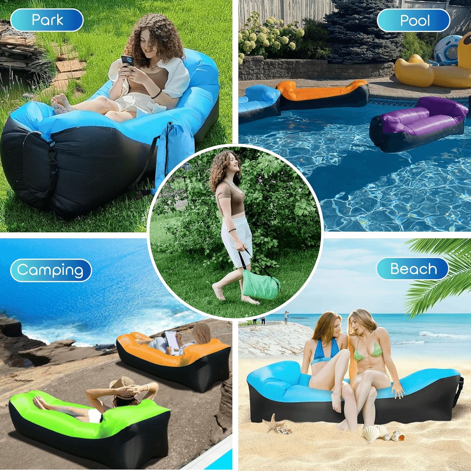 Inflatable Lounger Air Sofa Hammock, Inflatable Couch for Camping, Perfect for Beach Chair Waterproof Anti-Air Leaking Pouch Couch Air Chair for Outdoor, Beach, Hiking (Purple)
