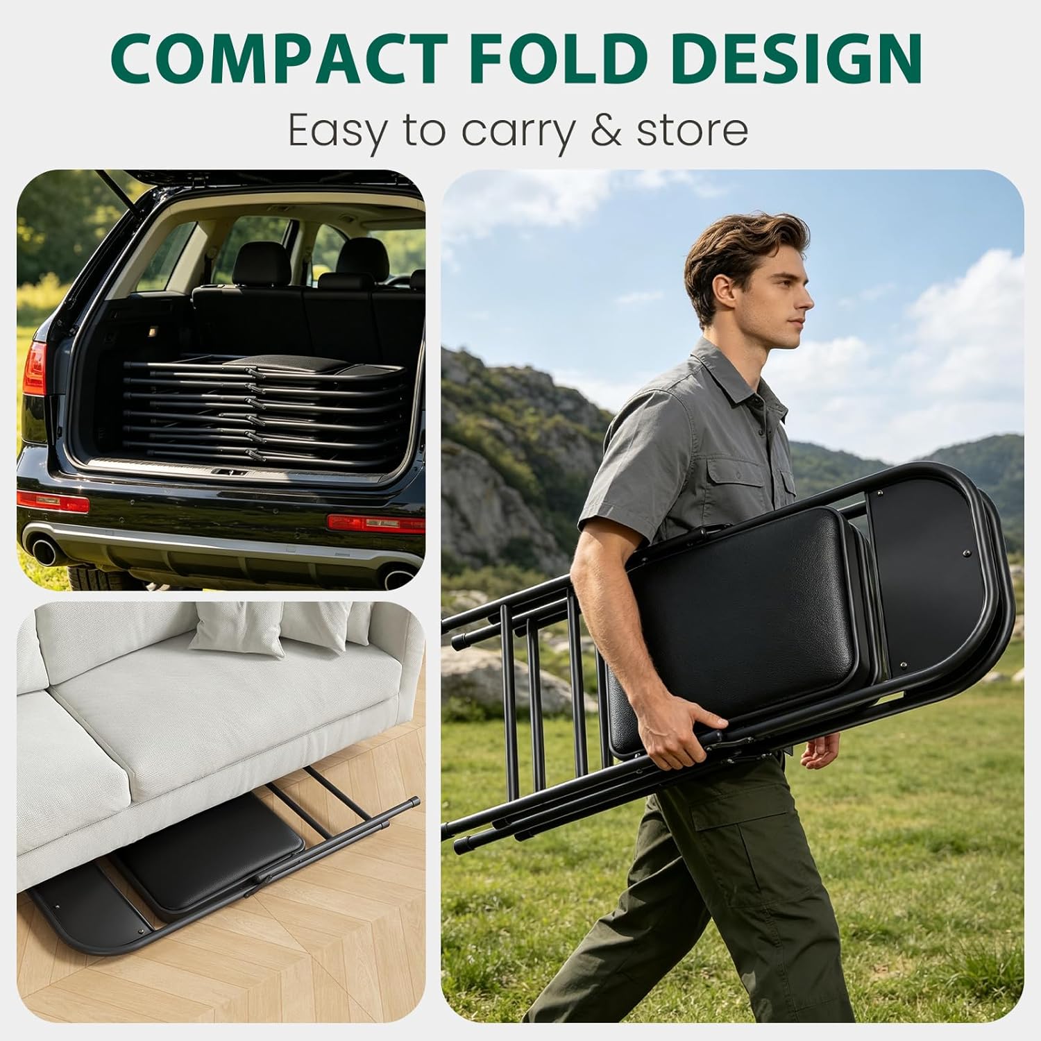 Folding Chairs 2 Pack,350 lbs Heavy Duty Metal Frame Folding Chairs with PU Leather Padded Seat,Ergonomic Portable Foldable Chair with Non-Slip Rubber Feet for Indoor Outdoor Wedding Patio Party,Black