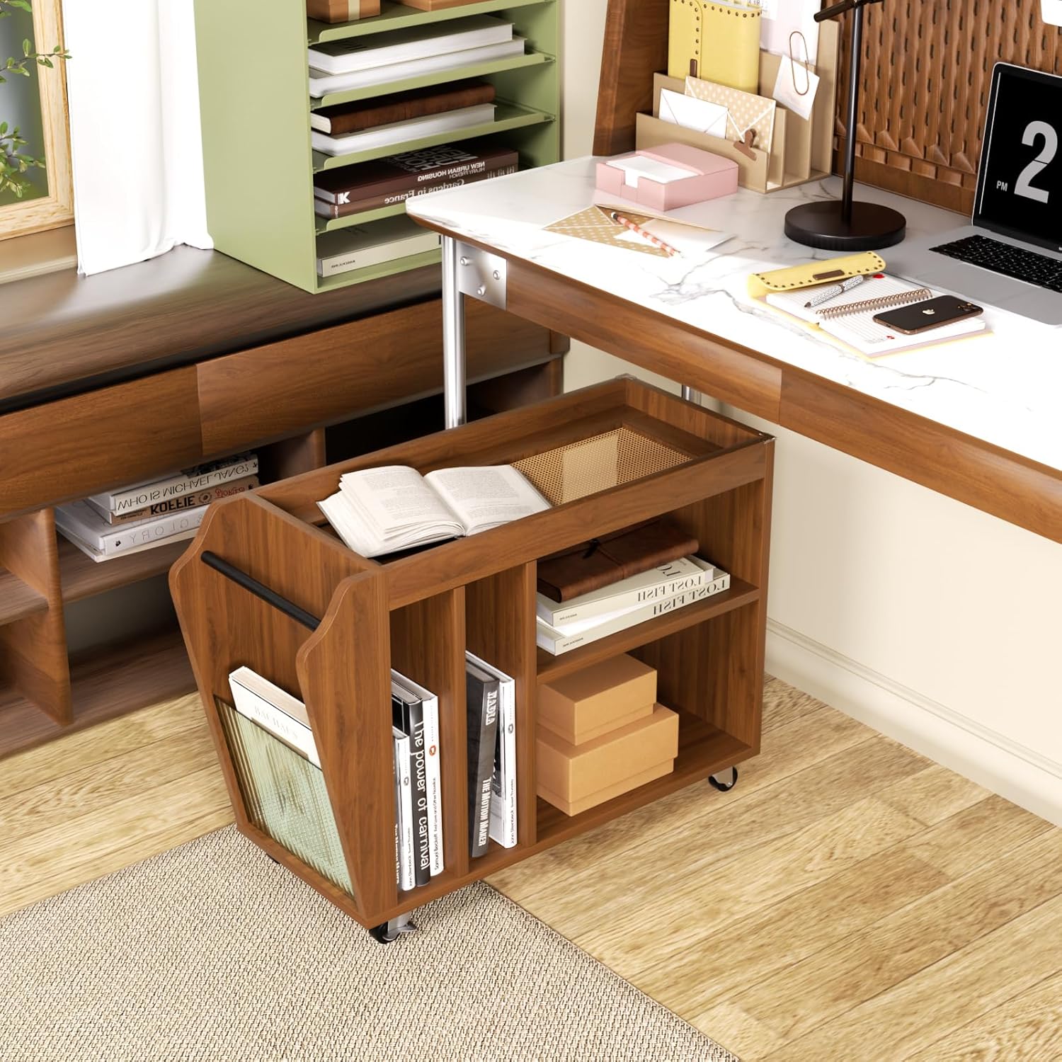 Narrow Side Table Slim End Table with Brakeable Wheels, 6 Storage Compartments & Removable Tray, Multifunctional Nightstand Bedside Table for Living Room Sofa Bedroom (Brown)