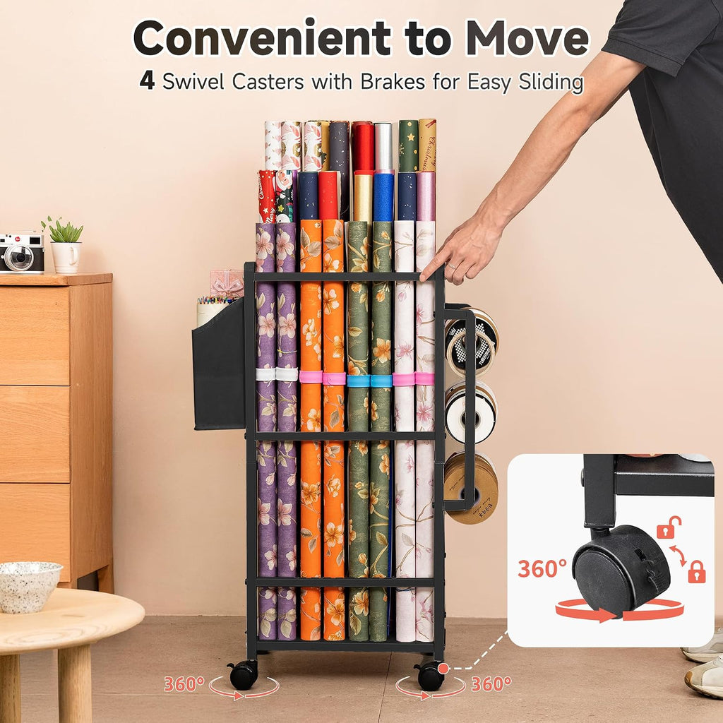 Aquzee Wrapping Paper Storage, Rolling Gift Wrap Storage Stand, Vertical Wrapping Paper Organizer Storage Cart, Ribbon Organizers, 12 PCS Slap Bands, 9 Adjustable Rod Design, Black