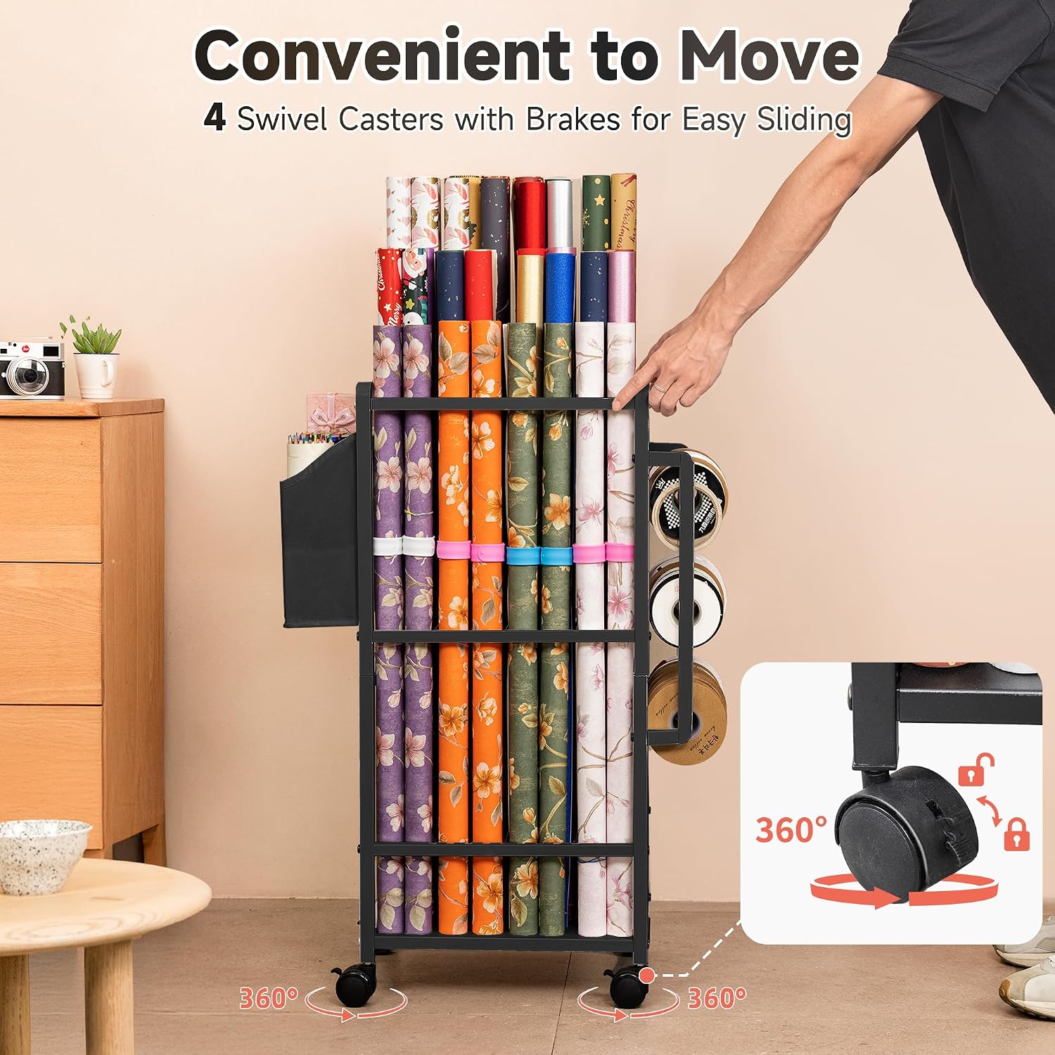 Aquzee Wrapping Paper Storage, Rolling Gift Wrap Storage Stand, Vertical Wrapping Paper Organizer Storage Cart, Ribbon Organizers, 12 PCS Slap Bands, 9 Adjustable Rod Design, Black