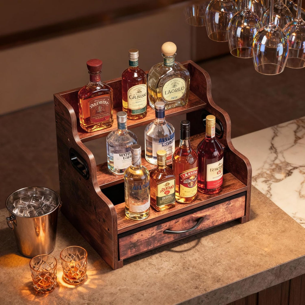 Liquor Bottle Display Shelf 3 Floors with Drawers | Countertop Wine Rack, Accommodates 12 Bottles and 36 K Cups, Minibar Coffee Syrup Storage Box, Whiskey