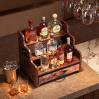 Liquor Bottle Display Shelf 3 Floors with Drawers | Countertop Wine Rack, Accommodates 12 Bottles and 36 K Cups, Minibar Coffee Syrup Storage Box, Whiskey