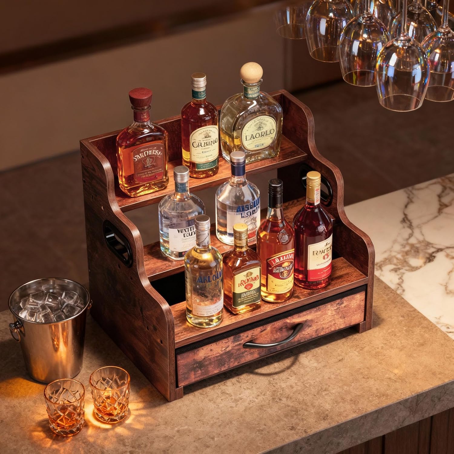 Liquor Bottle Display Shelf 3 Floors with Drawers | Countertop Wine Rack, Accommodates 12 Bottles and 36 K Cups, Minibar Coffee Syrup Storage Box, Whiskey
