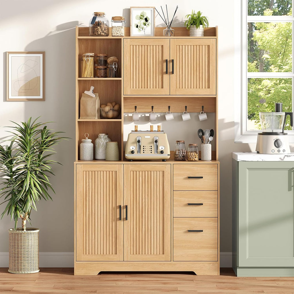 Kitchen Pantry Cabinet with Charging Station, 68" Tall Storage Cabinet with 3 Drawers, 2 Cabinets, Open Shelves, Fluted Doors, Wood Kitchen Hutch with Microwave Stand for Dining Room Living Room