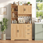 Kitchen Pantry Cabinet with Charging Station, 68" Tall Storage Cabinet with 3 Drawers, 2 Cabinets, Open Shelves, Fluted Doors, Wood Kitchen Hutch with Microwave Stand for Dining Room Living Room