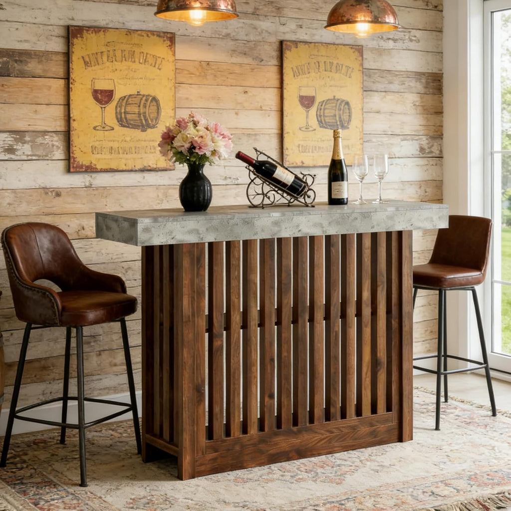 GarveeHome 63" Long Bar Table - Counter Bar Height Pub Table with 2 Tier Storage Shelves, Modern Coffee Breakfast Bar Unit for Dining Room, Bistro, Living Room, Gray + Walnut