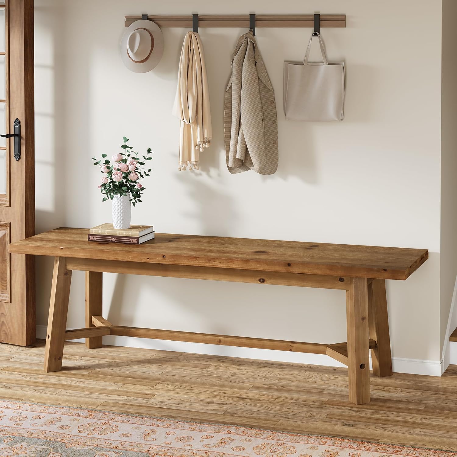 55" Solid Wood Bench, Farmhouse Long Bench Seat for Entryway, Dining Room, Living Room, Solid Wood, Rustic Brown